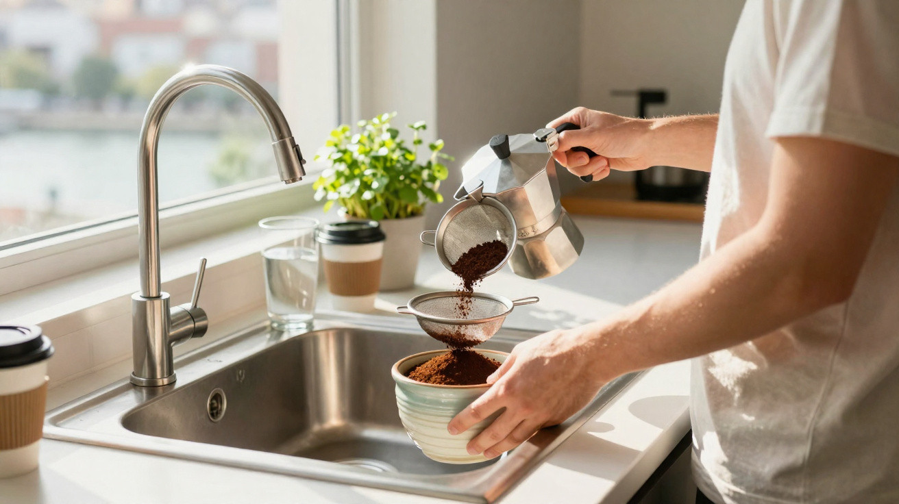 Pessoa a coar café utilizando uma cafeteira, com dois copos de café e plantas na bancada da cozinha.