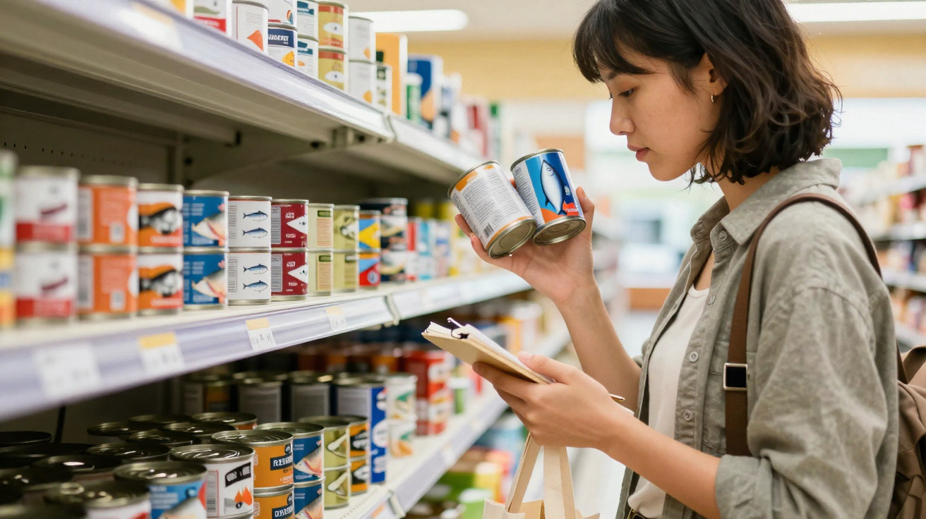 Mulher a comparar latas de conservas enquanto olha para uma lista de compras num supermercado.