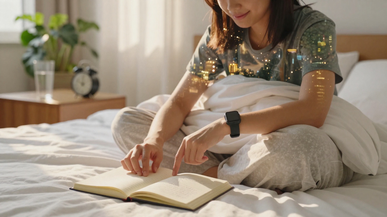 Pessoa a ler um livro sentada na cama, com luz natural e um relógio inteligente no pulso.