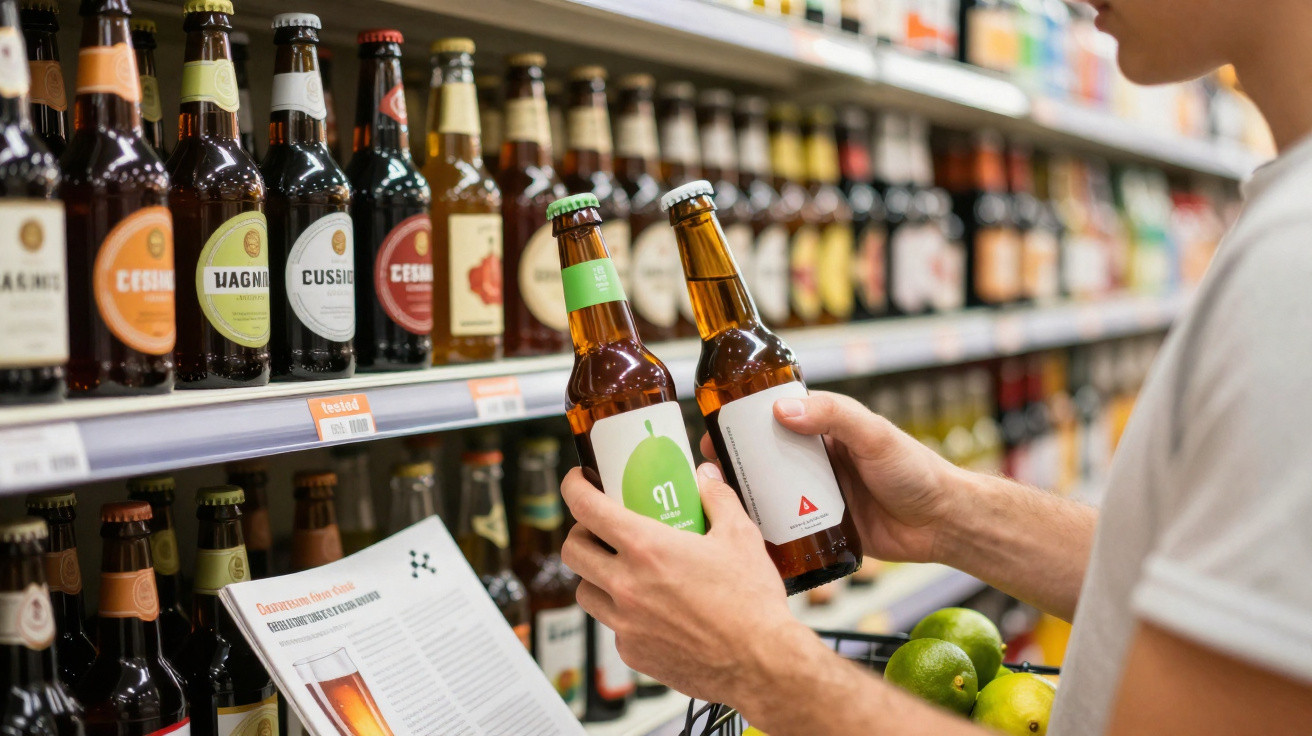 Pessoa a segurar duas garrafas de cerveja orgânica em loja com prateleiras cheias de cervejas.