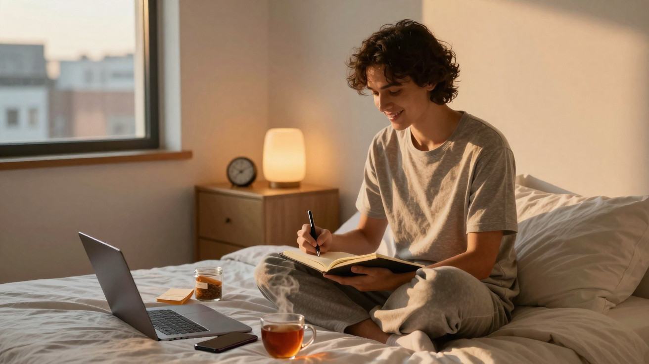 Mulher sorridente sentada na cama a escrever num caderno, com chá e computador à frente, ambiente acolhedor.