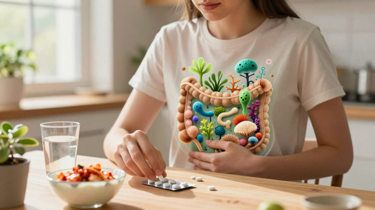 Mulher sentada à mesa a tomar comprimido, com ilustração colorida do intestino no tronco.