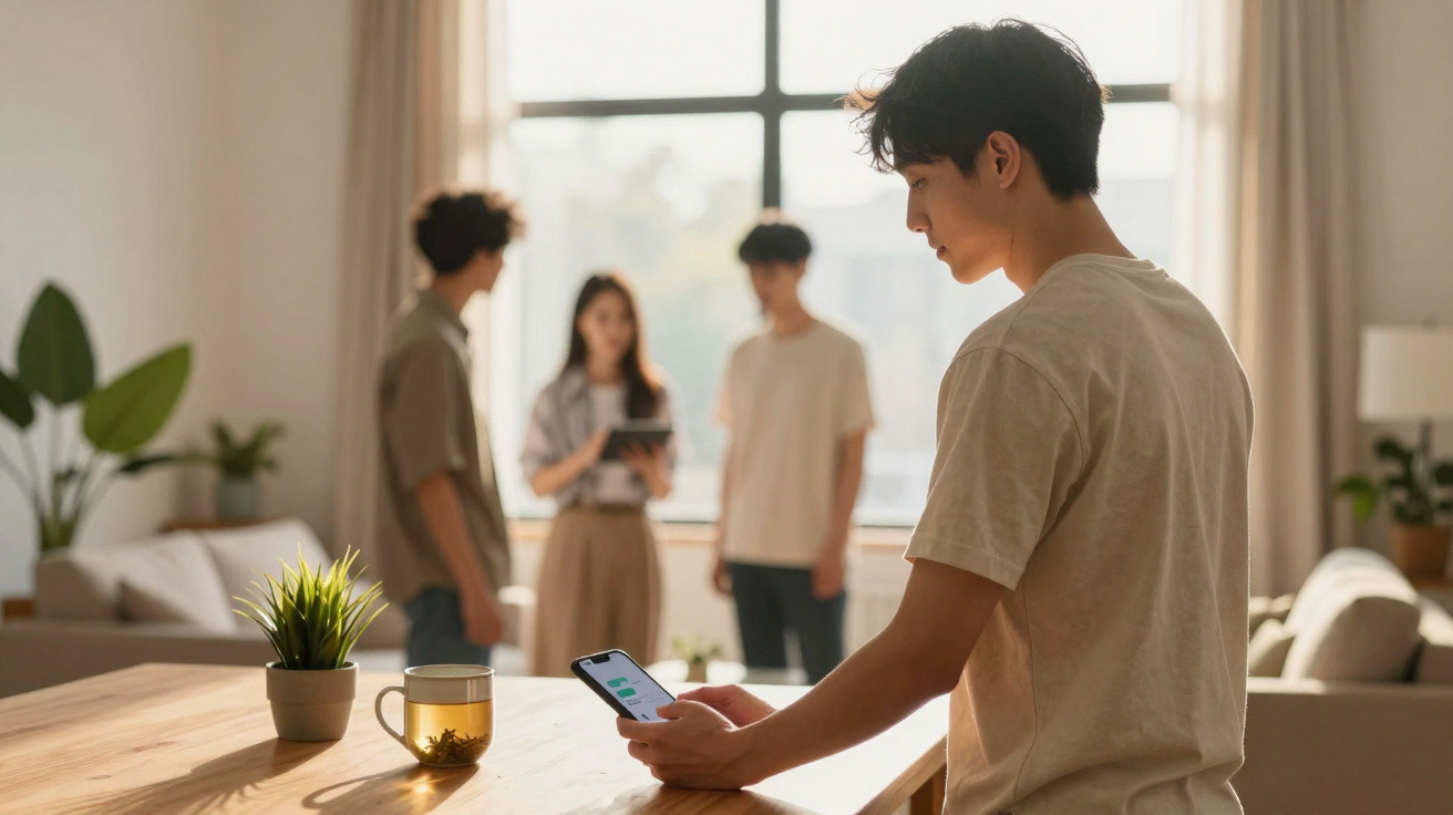 Mulher jovem em casa a apanhar o telemóvel numa mesa com chá e plantas, com três pessoas ao fundo desfocadas.