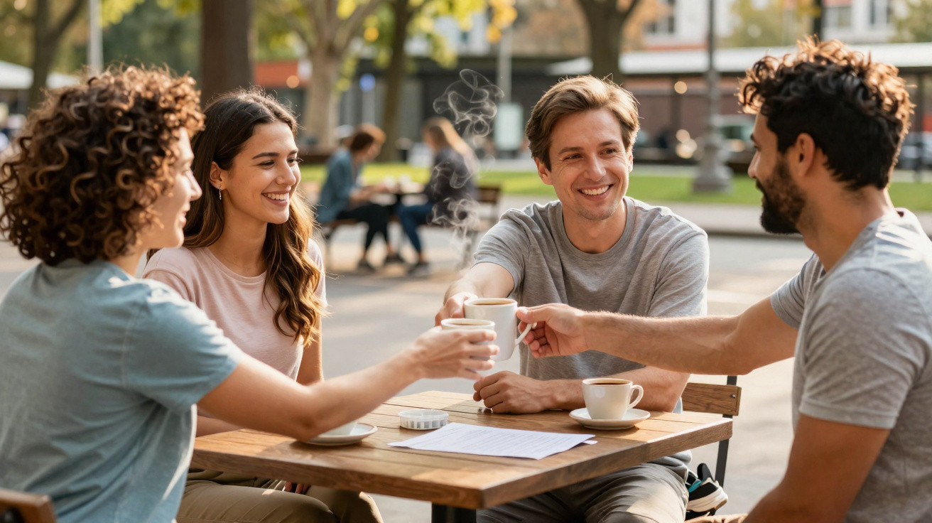 Quatro amigos a brindar com canecas de café numa esplanada ao ar livre numa tarde de outono.
