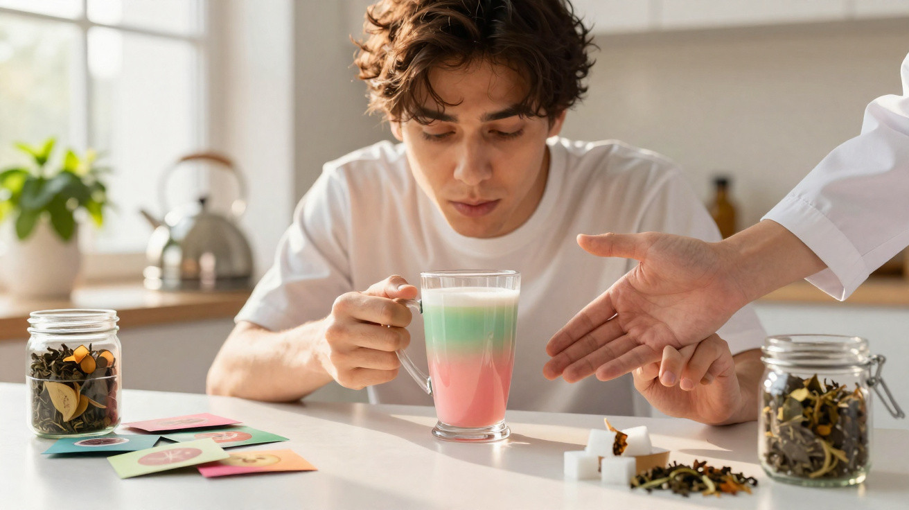 Homem observa com curiosidade chá colorido numa mesa enquanto outra pessoa oferece açúcar em cubos.
