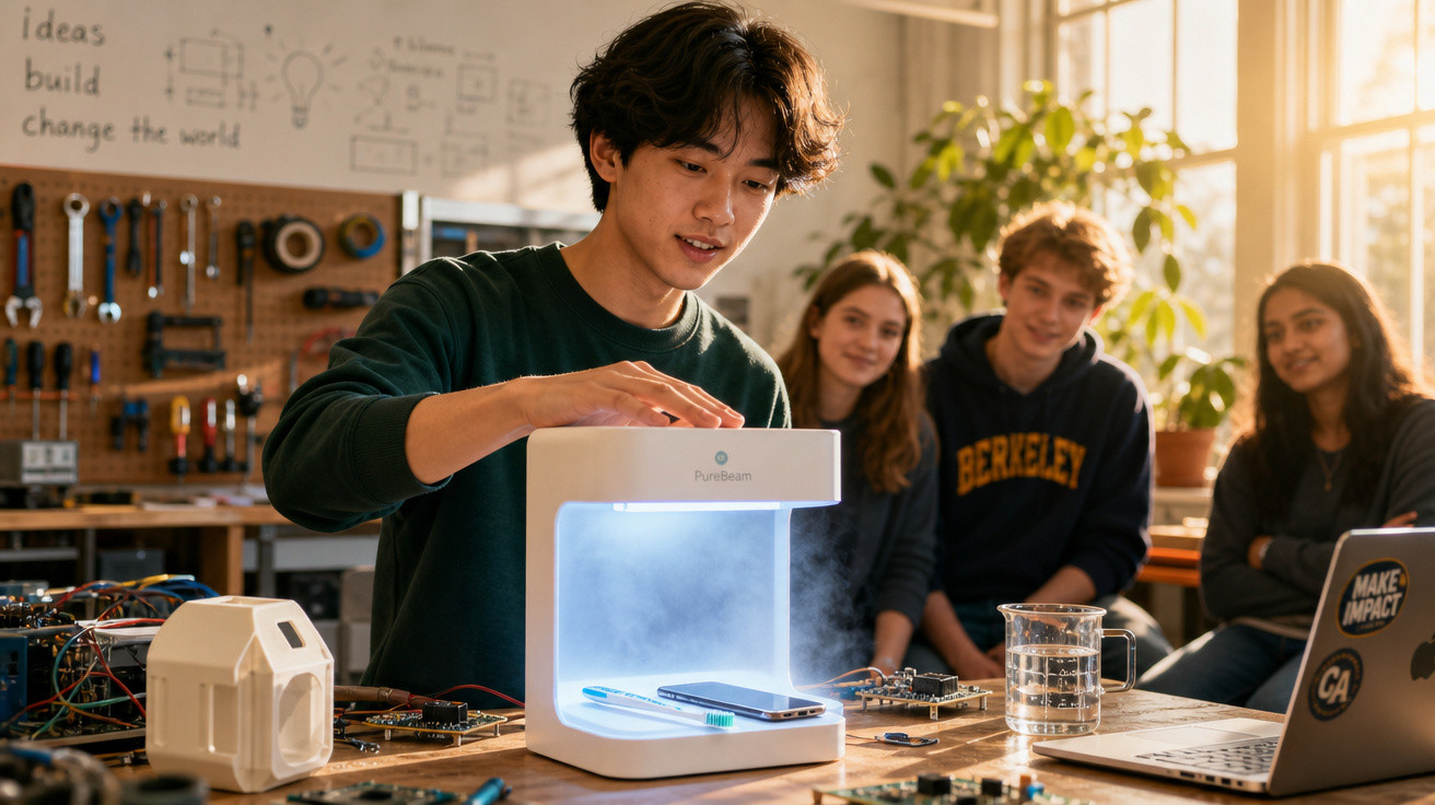 Jovem a usar aparelho tecnológico enquanto três pessoas observam numa sala de estudo com equipamento eletrónico.