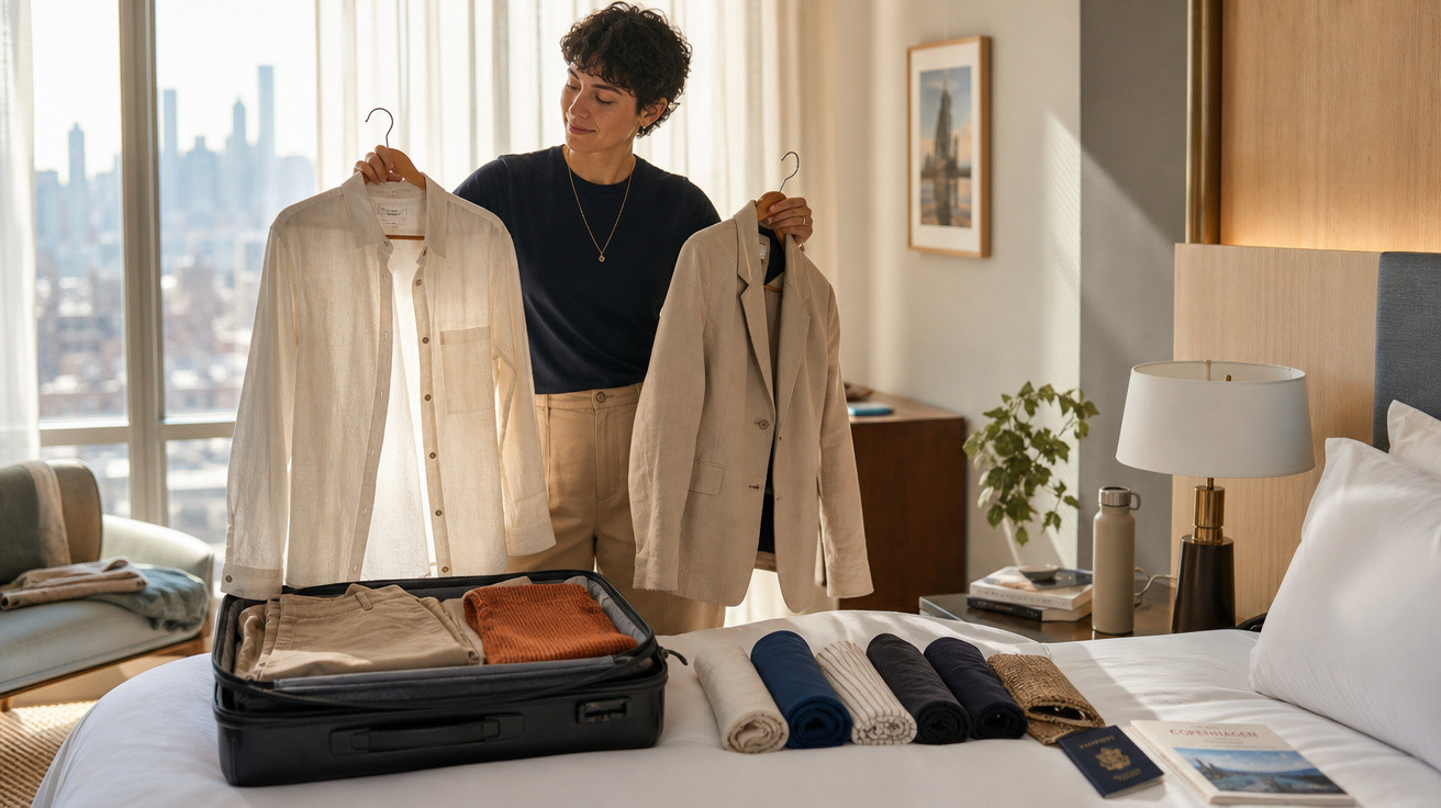 Pessoa a escolher roupa para viagem, segurando camisa e blazer, com mala aberta e lenços sobre cama num quarto iluminado.