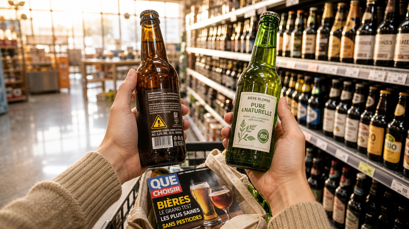 Pessoa segurando duas garrafas de cerveja numa loja, com carrinho cheio e prateleiras ao fundo.