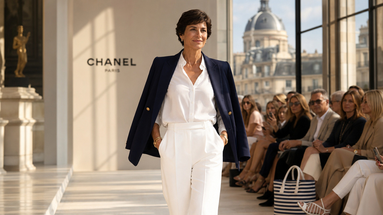 Mulher confiante a desfilar com blazer azul e calças brancas numa passerelle da Chanel com público atento.