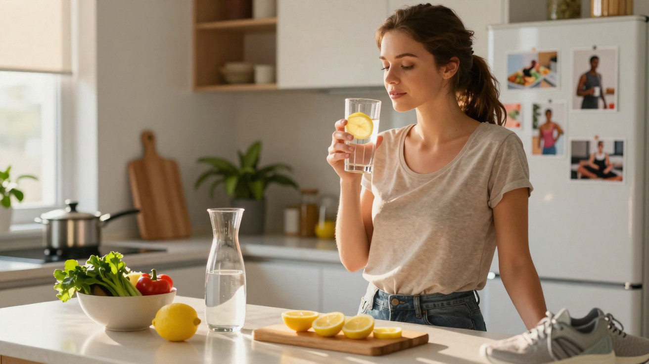 Mulher jovem na cozinha a beber água com limão, com legumes e limões na bancada.