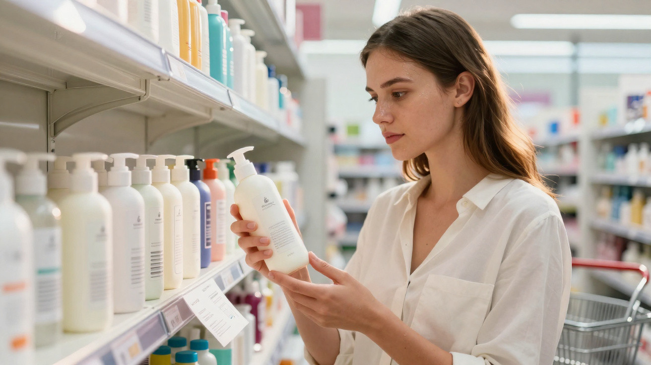 Mulher com camisa branca escolhe produto líquido em prateleira de supermercado, com carrinho ao lado.