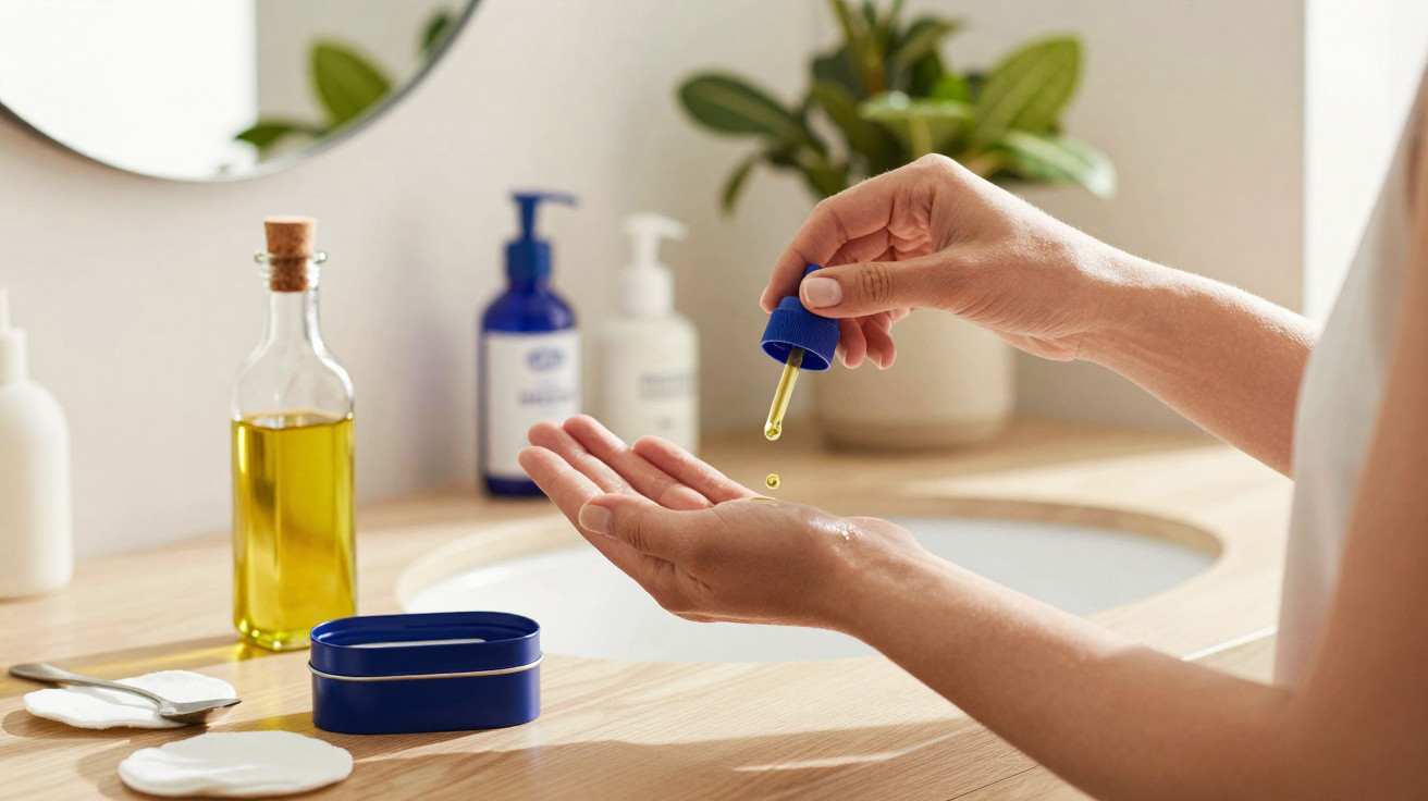 Mãos a aplicar óleo facial com conta-gotas junto a produtos de cuidado de pele numa casa de banho.