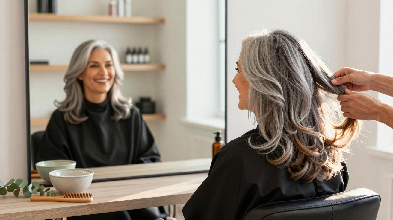 Mulher sorridente com cabelo grisalho a ser penteada, sentada frente ao espelho num salão de cabeleireiro.