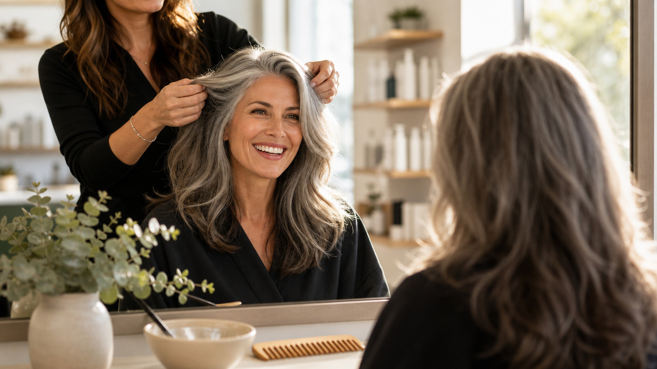 Mulher sorridente com cabelo grisalho a ser penteada por cabeleireira num salão de beleza moderno.