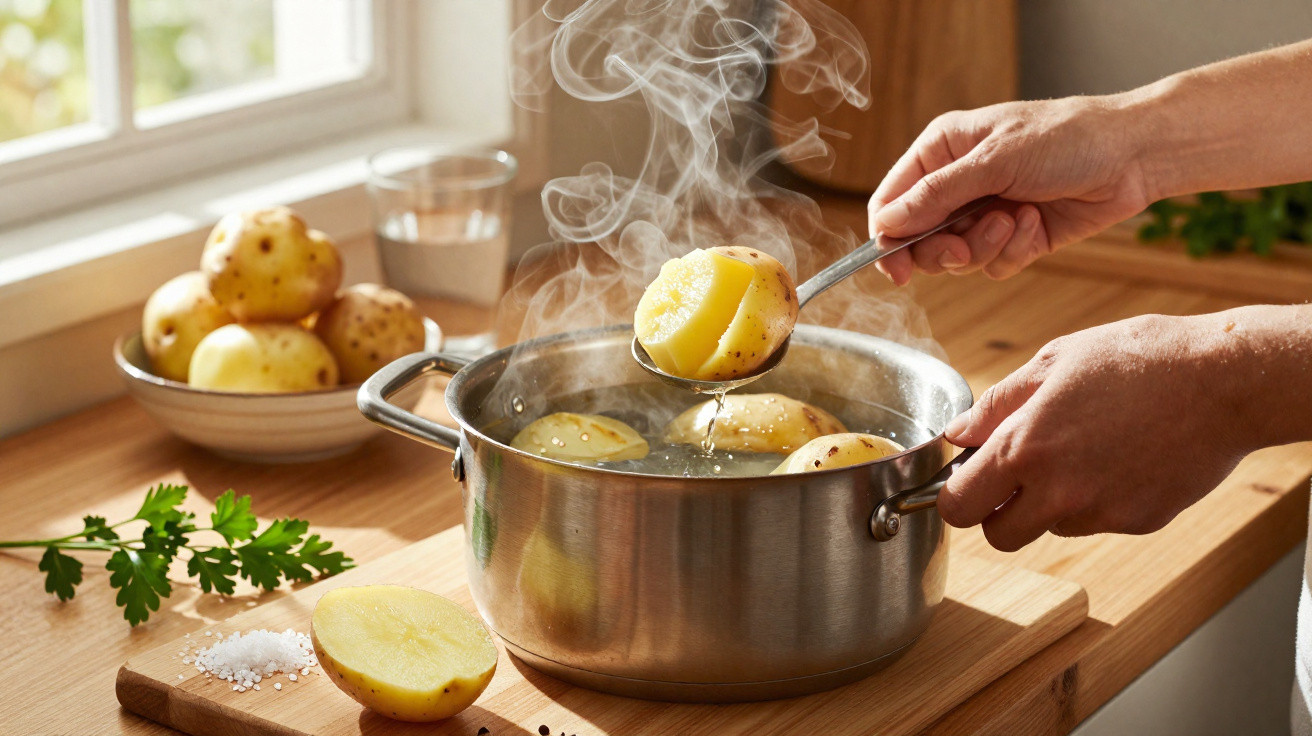 Mãos a retirar batatas a cozer numa panela com vapor, sobre bancada de madeira iluminada pela janela.