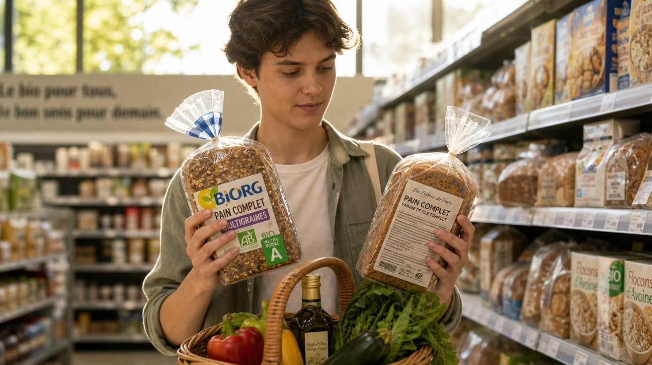 Pessoa jovem a comparar dois tipos de pão integral num supermercado com cabaz de compras com legumes e azeite.