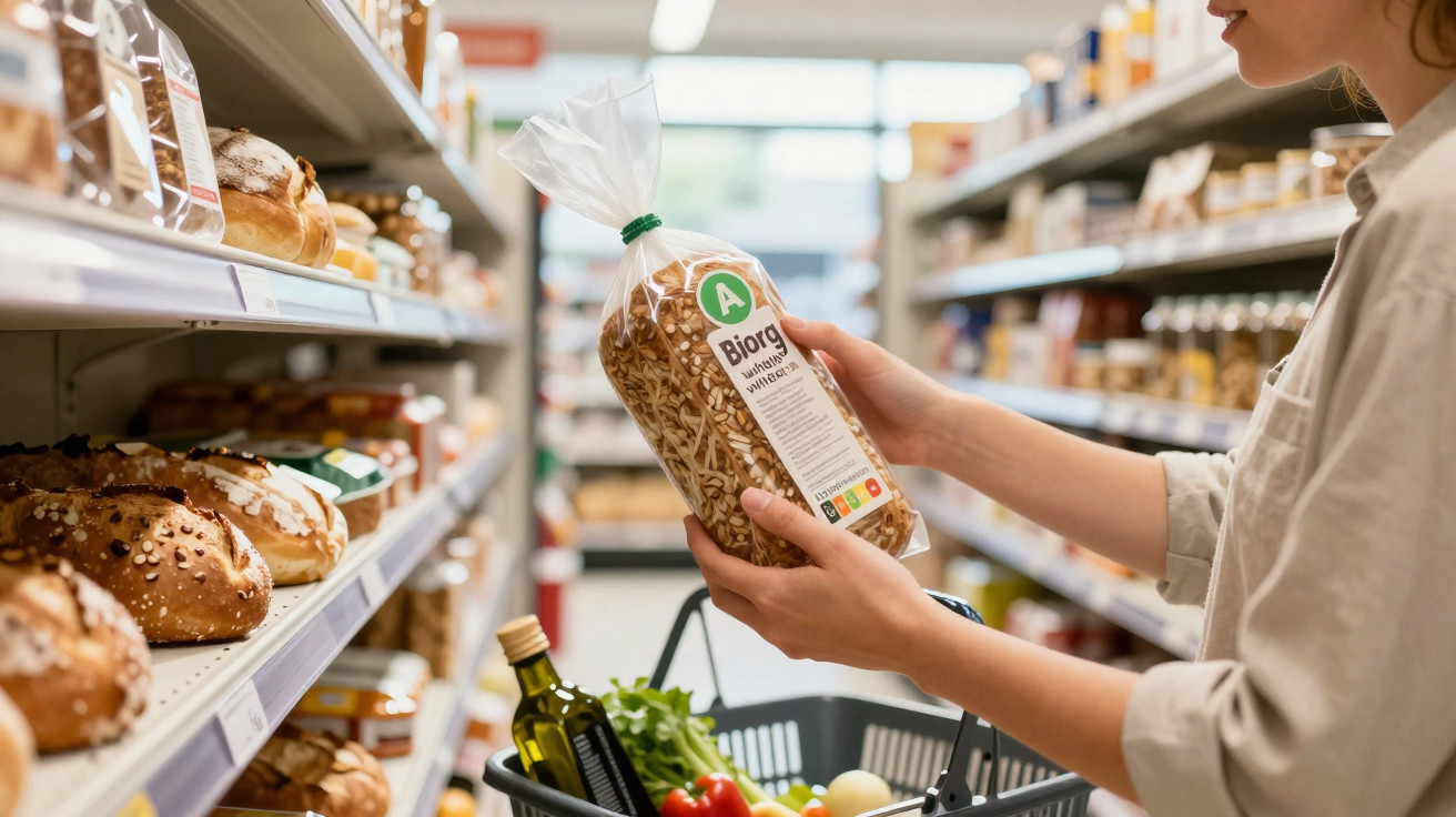 Pessoa segura embalagem de pão integral num supermercado, carrinho com legumes e azeite ao fundo.