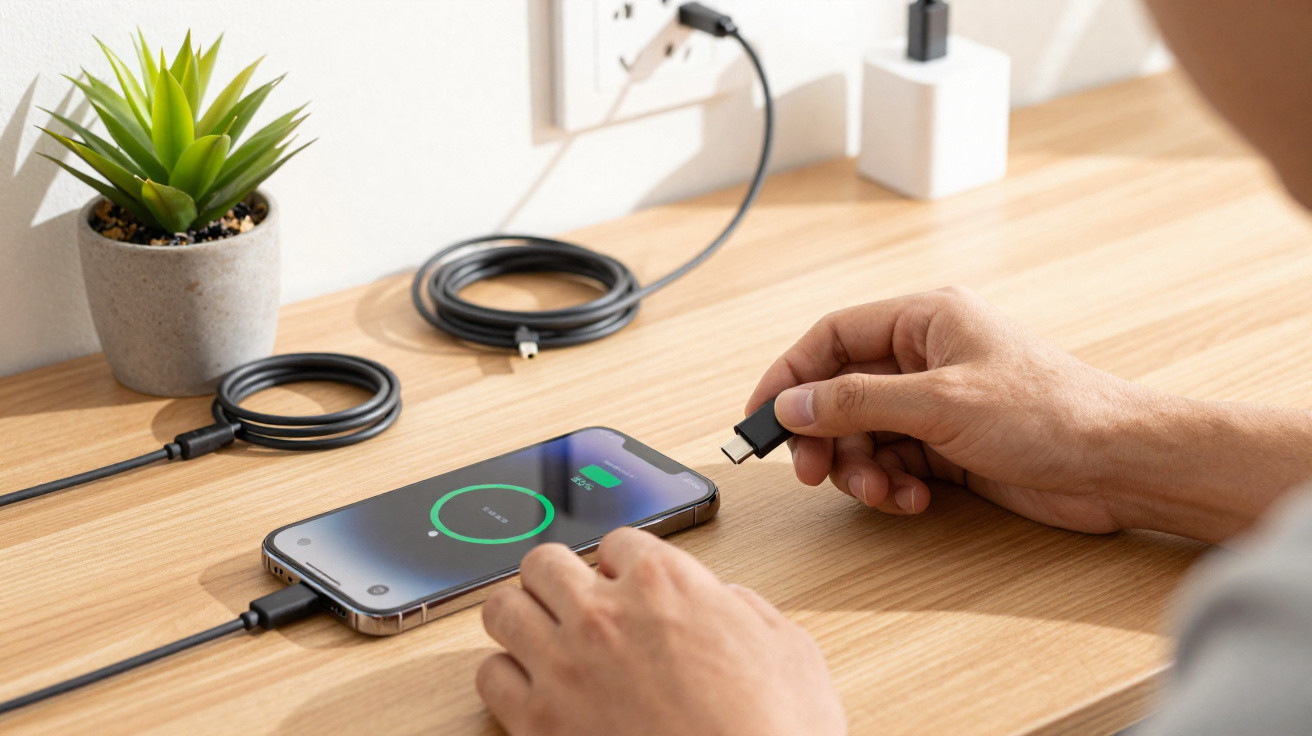Pessoa a conectar cabo USB-C num telemóvel a carregar sobre secretária de madeira com planta decorativa.