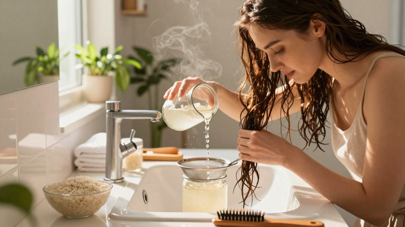 Mulher a coar água de arroz quente para tratamento caseiro de cabelo num lavatório iluminado pela luz natural.