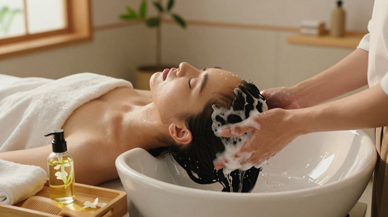 Mulher a receber lavagem de cabelo com espuma numa sala de spa relaxante e luminosa.