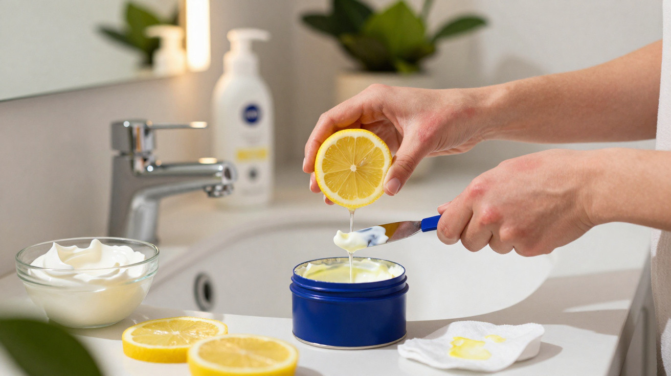 Mãos espremendo limão sobre creme numa jarra azul, com fatias de limão e taça com creme numa bancada de casa de banho.