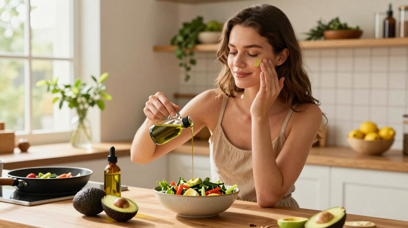 Mulher a temperar salada com azeite na cozinha moderna e luminosa.