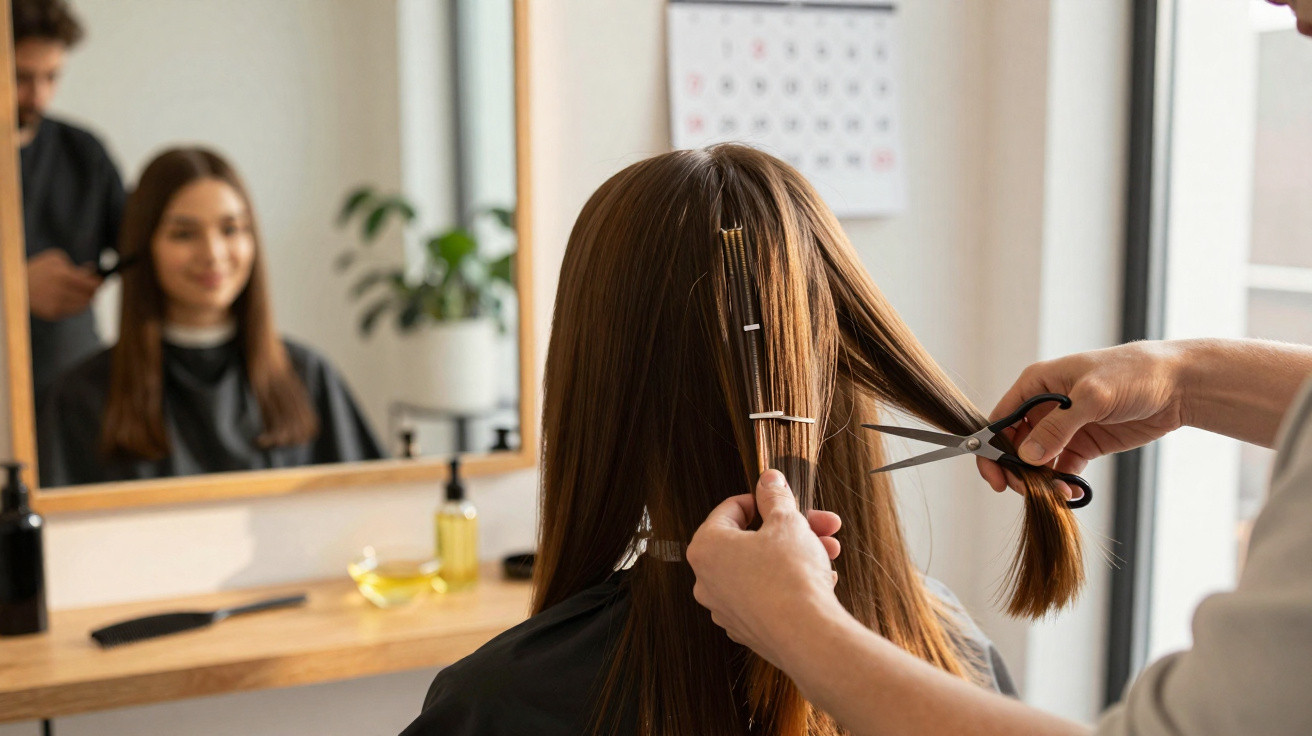 Pessoa a cortar cabelo castanho comprido num salão de beleza, com espelho e produtos ao fundo.