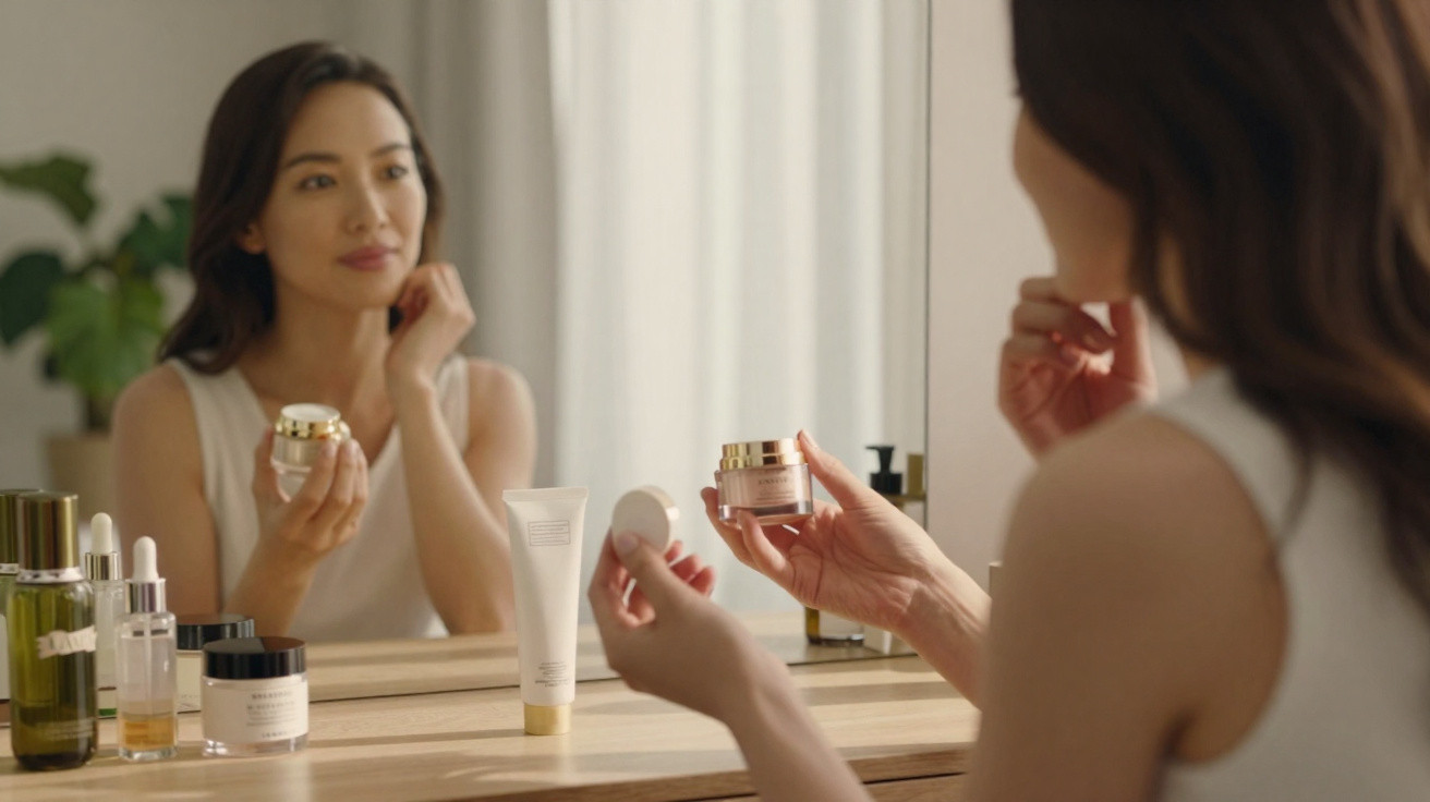 Mulher a aplicar creme facial, sentada à frente de um espelho com vários produtos de beleza na mesa.
