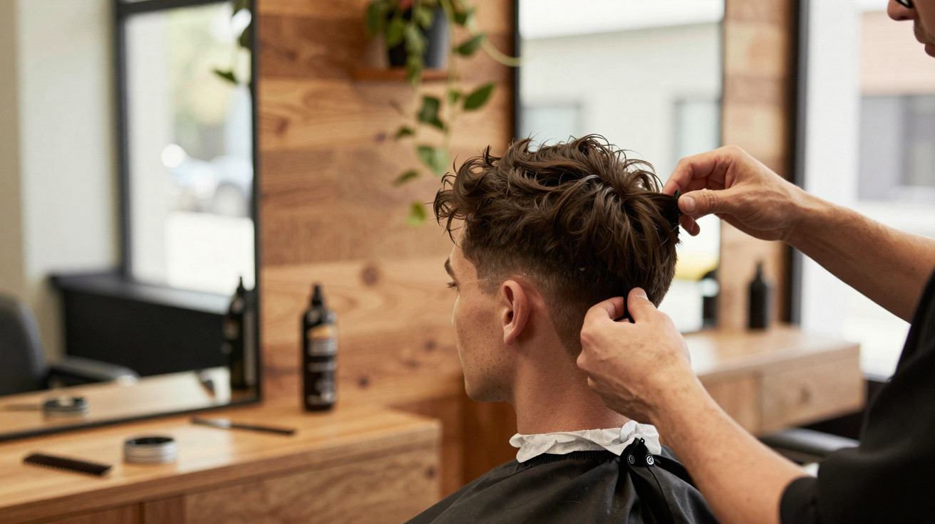 Homem em cadeira de cabeleireiro a receber corte de cabelo com pente num salão moderno.
