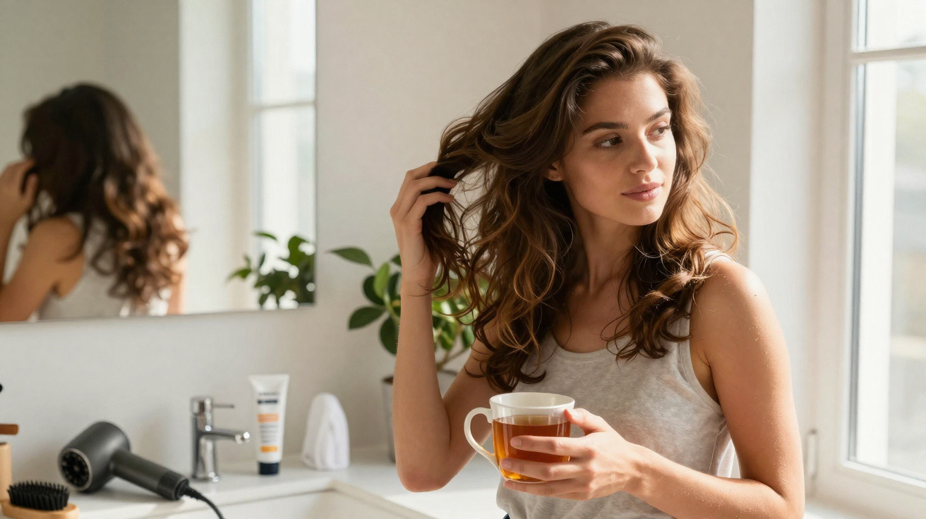 Mulher em casa, com chá numa mão, a mexer no cabelo com a outra, de pé junto a uma janela e espelho.
