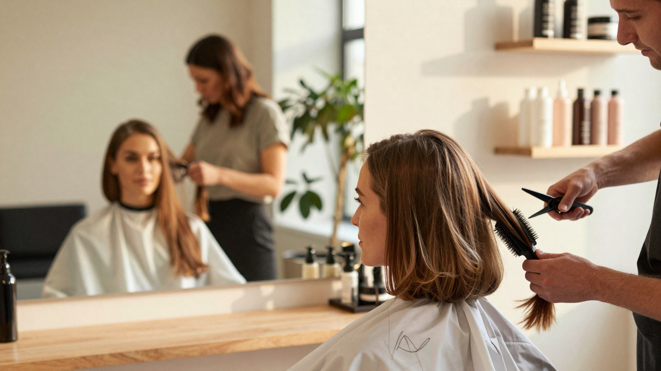 Duas mulheres a cortarem cabelo num salão moderno, vistas através de um espelho grande.