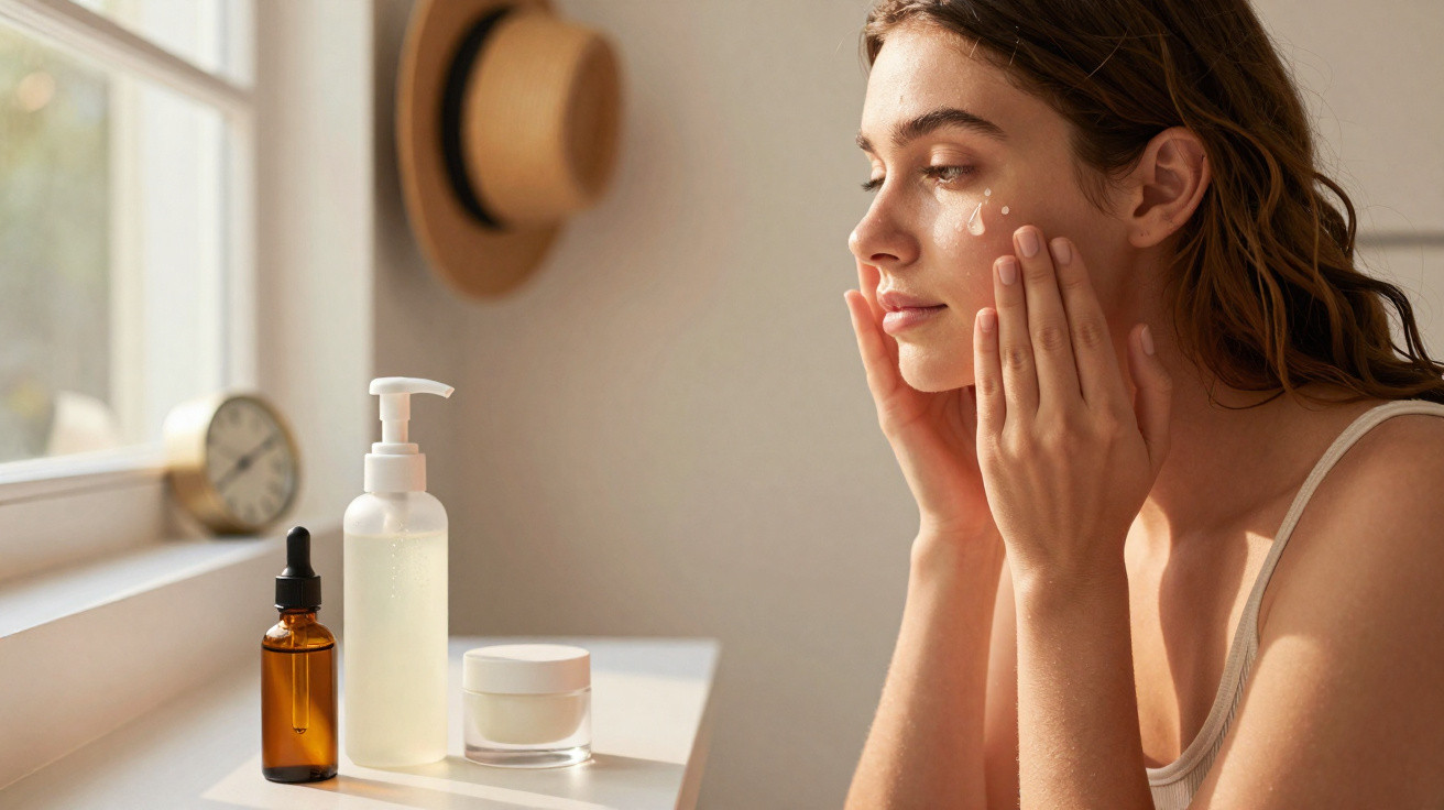 Mulher a aplicar creme hidratante no rosto numa divisão iluminada por luz natural.