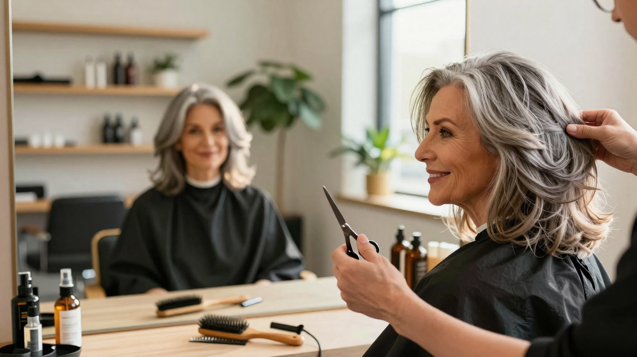 Mulher idosa com cabelo cinzento a ser atendida num salão de cabeleireiro, sorrindo frente ao espelho.