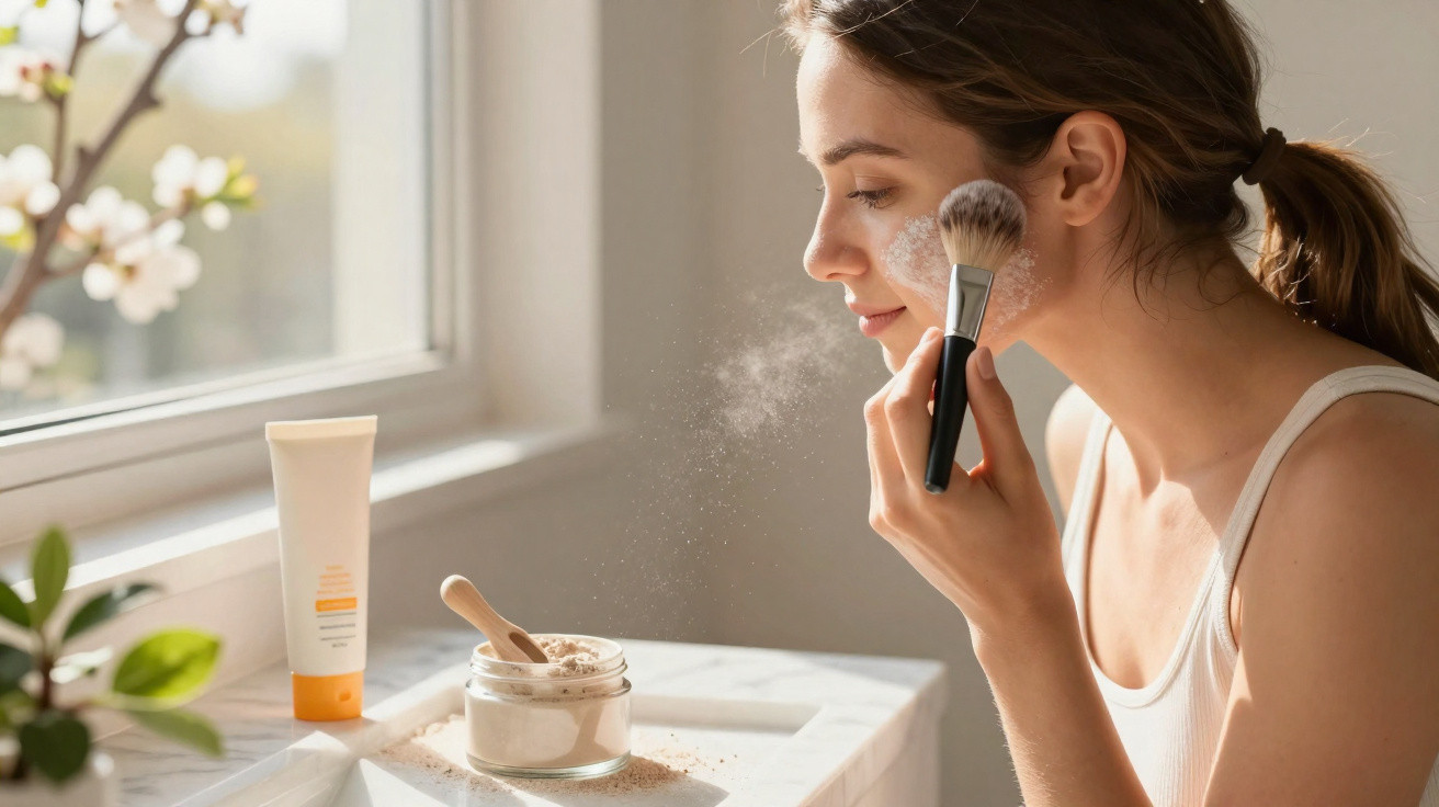 Mulher aplicando pó facial com pincel junto a janela em ambiente iluminado e decorado com planta.