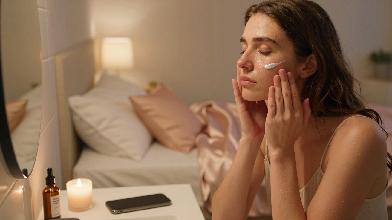 Mulher aplica creme hidratante no rosto num quarto com iluminação suave e ambiente acolhedor.