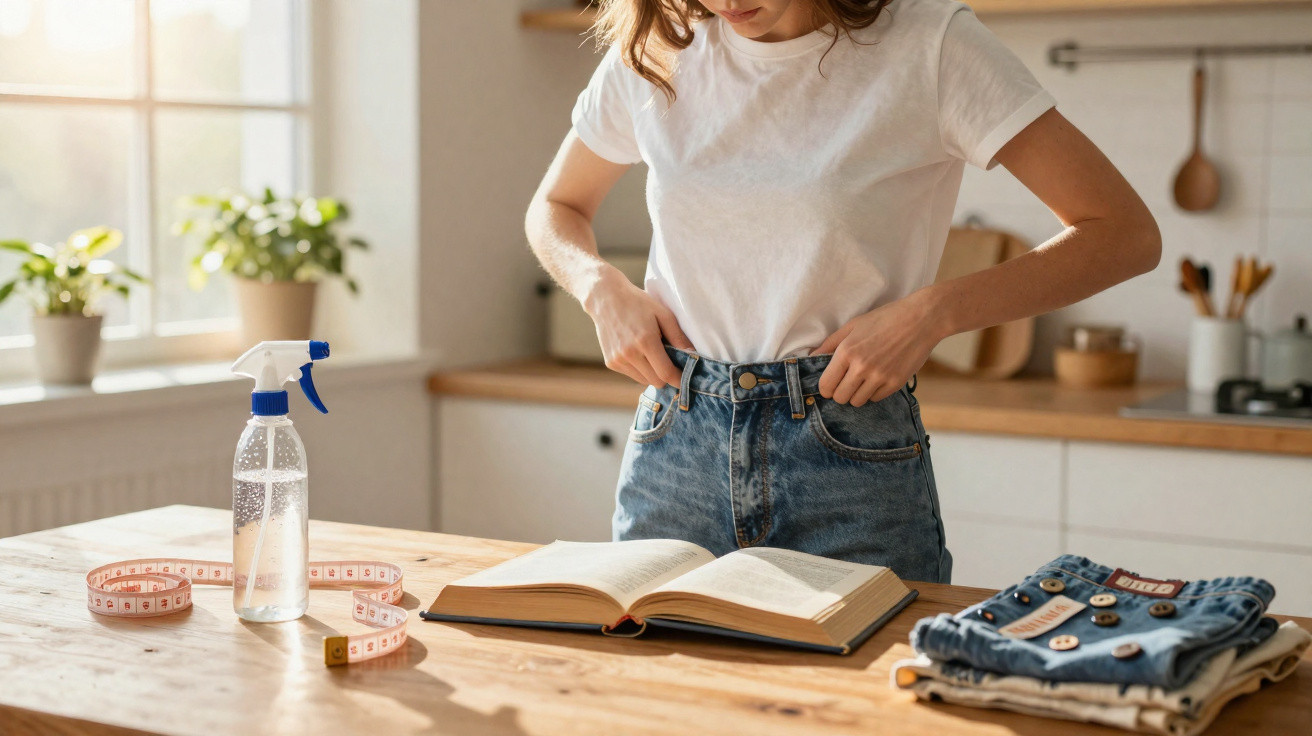 Mulher a experimentar calças de ganga, com fita métrica e livro aberto numa mesa de cozinha.
