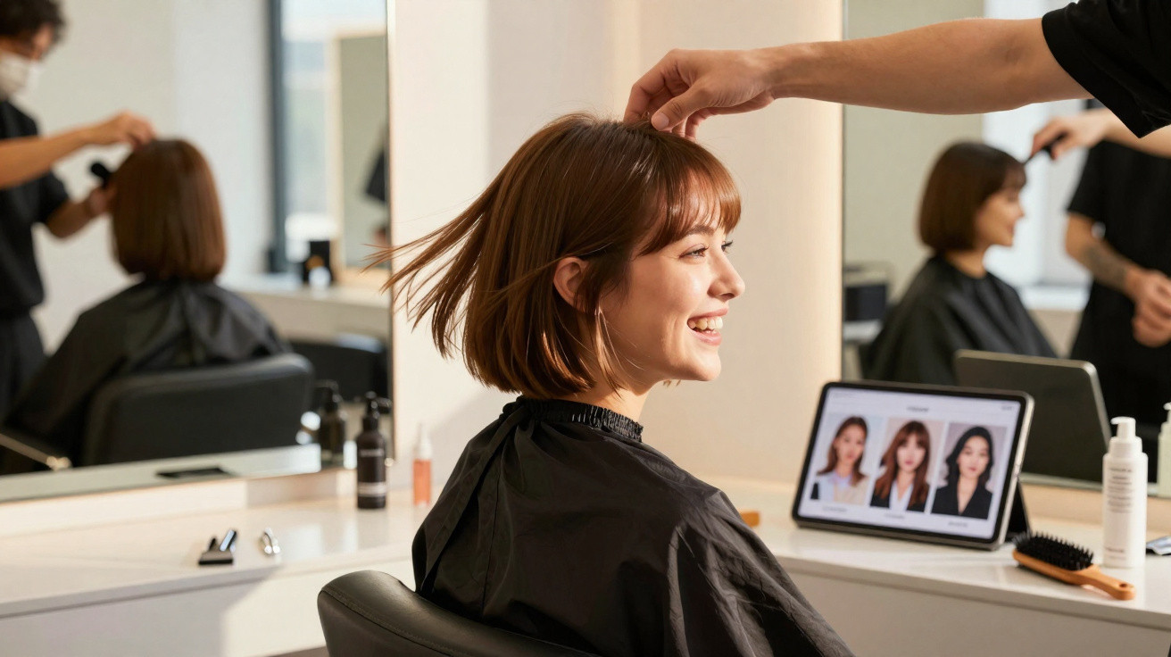 Mulher sorridente com cabelo curto castanho a ser penteada num salão de beleza moderno.
