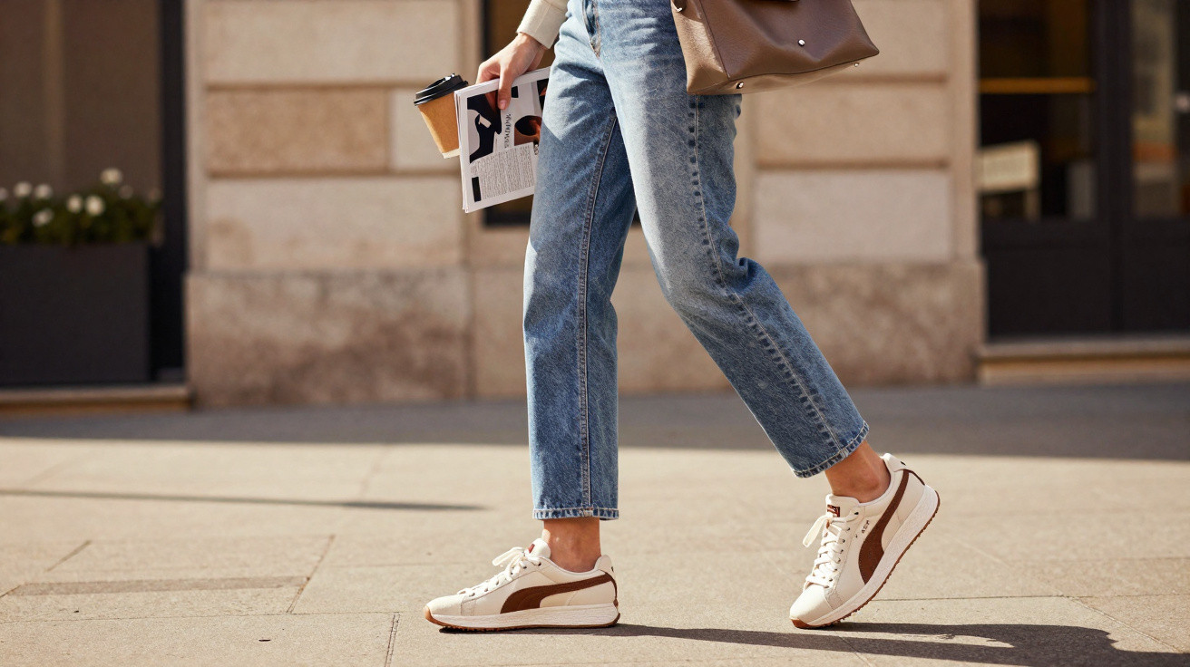 Pessoa a andar na rua com jeans, sapatilhas brancas e castanhas, bolsa castanha, café para levar e revista na mão.