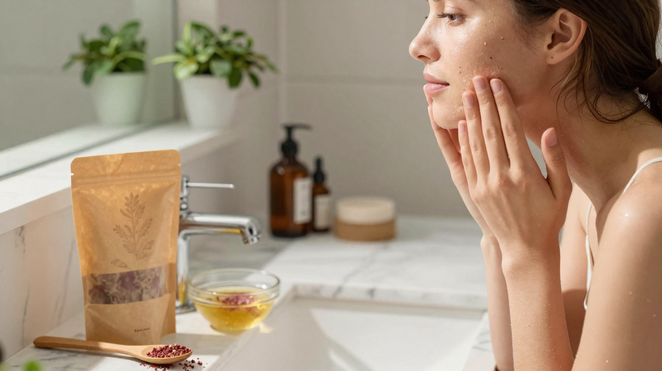 Mulher a aplicar tratamento facial numa casa-de-banho com produtos naturais junto à pia.