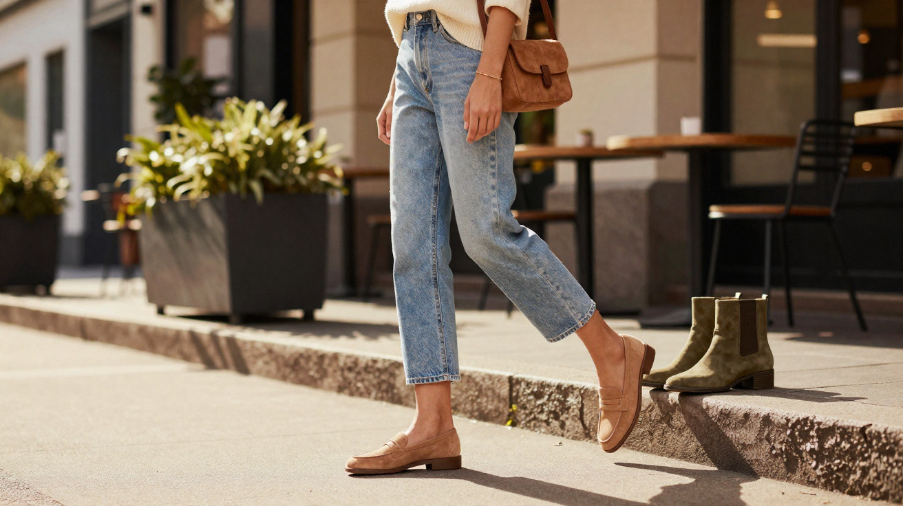 Pessoa com jeans azuis e sapatos castanhos a dar um passo em passeio urbano junto a botas verdes.