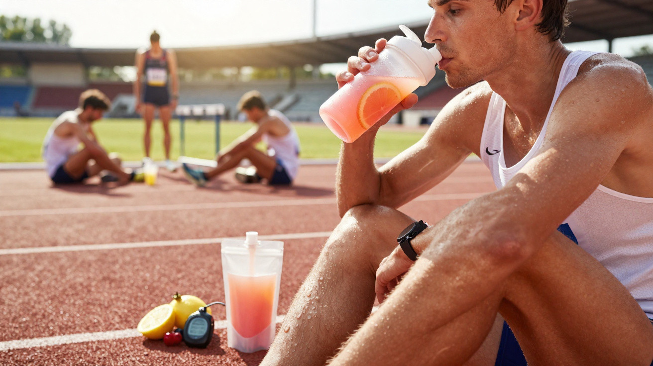Atleta suado sentado numa pista a beber bebida energética, com outros corredores ao fundo a recuperar.