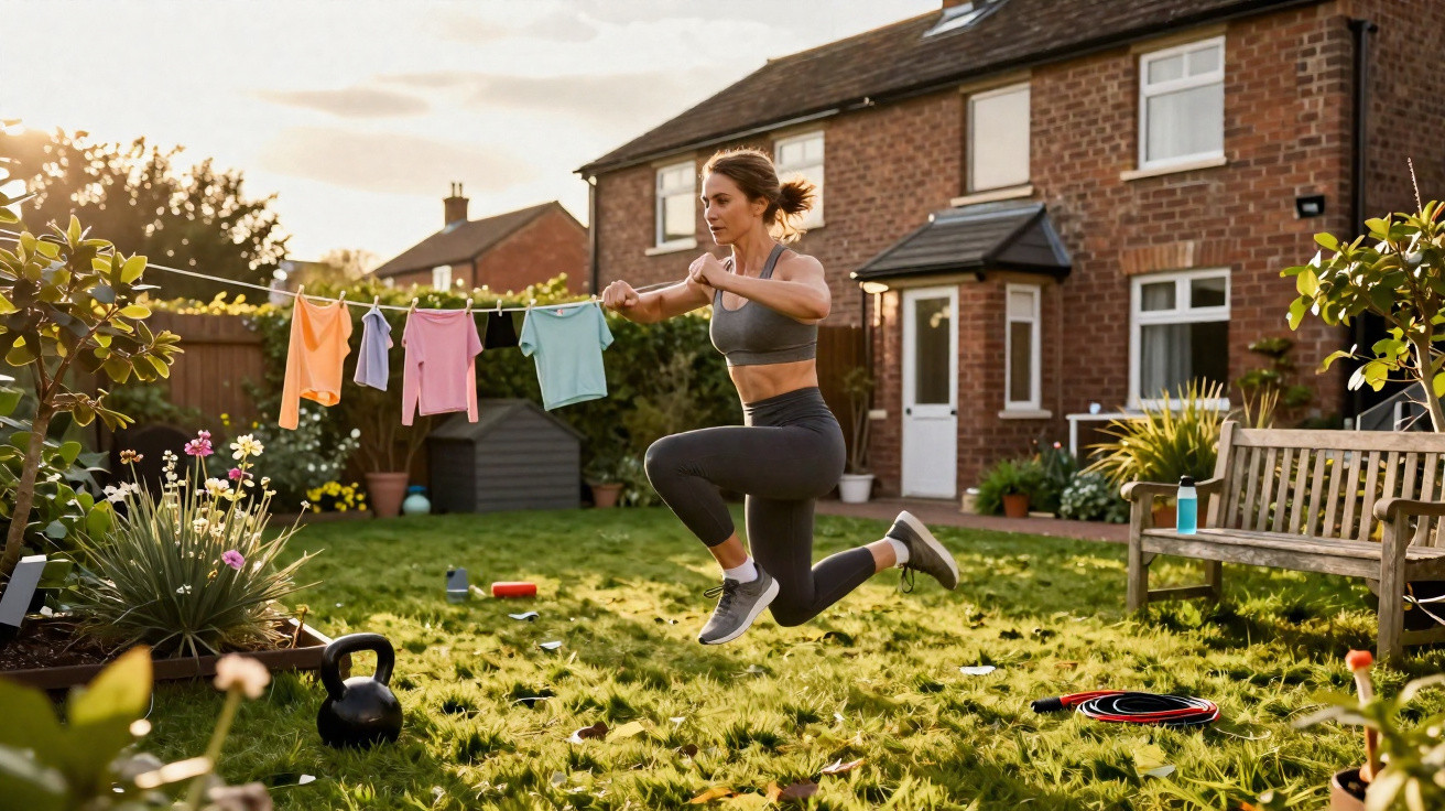 Mulher a praticar exercício ao ar livre numa relva, com roupa desportiva e roupa estendida ao fundo.