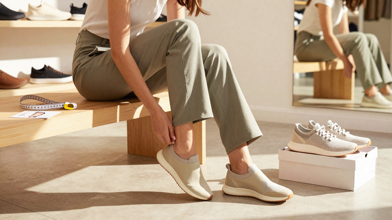 Mulher sentada experimenta sapatos desportivos bege numa loja com espelho e caixa de sapatos.