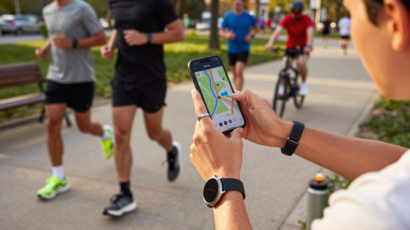 Pessoa a usar aplicação de mapas num smartphone enquanto outros correm e andam de bicicleta num parque urbano.
