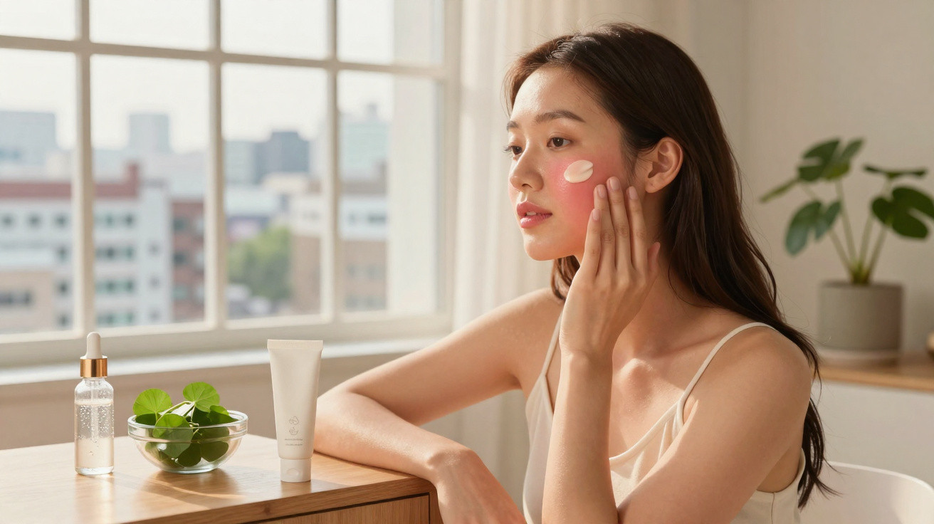 Mulher aplica creme hidratante no rosto junto a produtos de cuidados de pele numa mesa perto da janela.