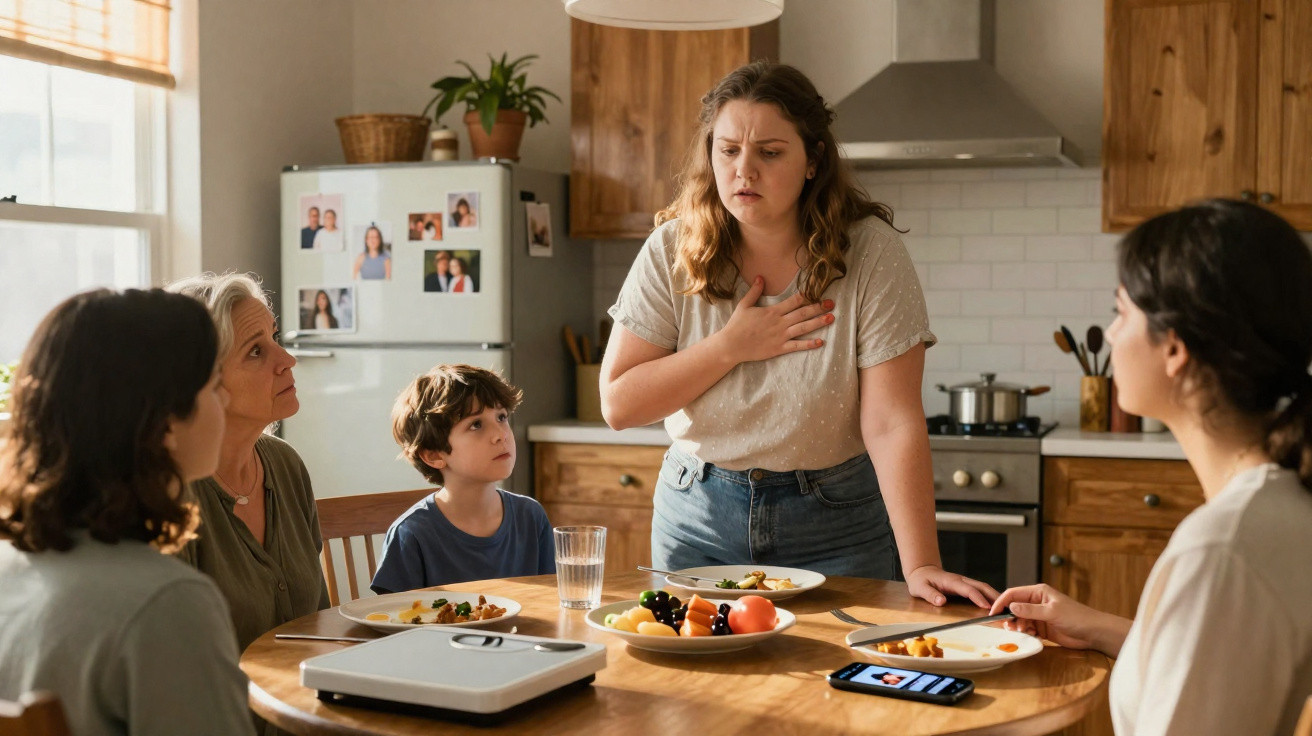 Jovem mulher parece desconfortável, segurando o peito, à mesa com familiares numa cozinha.