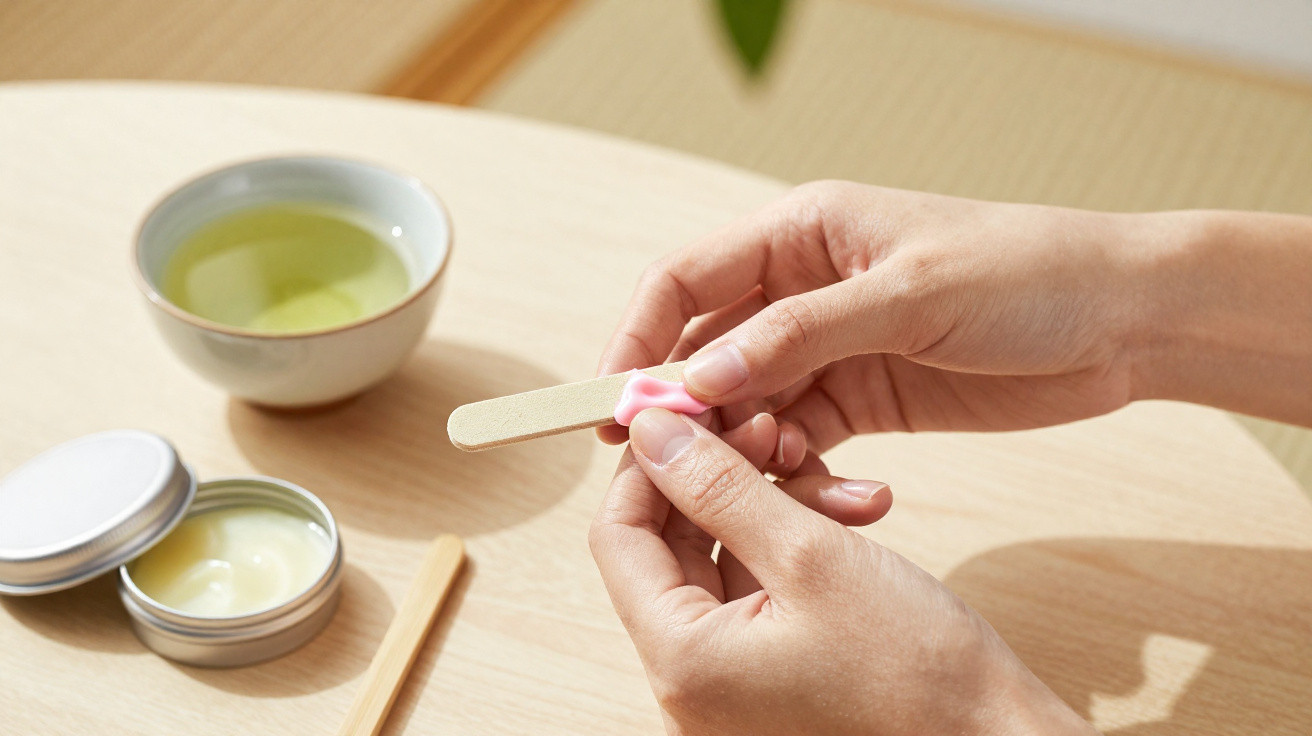 Mãos a aplicar creme rosa numa lima de unhas, com creme e chá verde numa mesa de madeira clara.