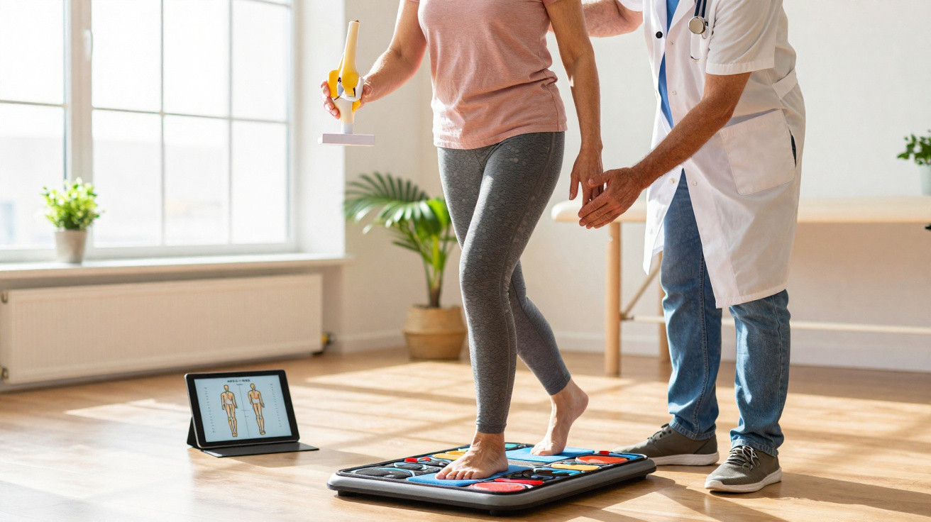 Fisioterapeuta ajuda paciente a equilibrar-se numa plataforma de treino com modelo anatómico da articulação do joelho.
