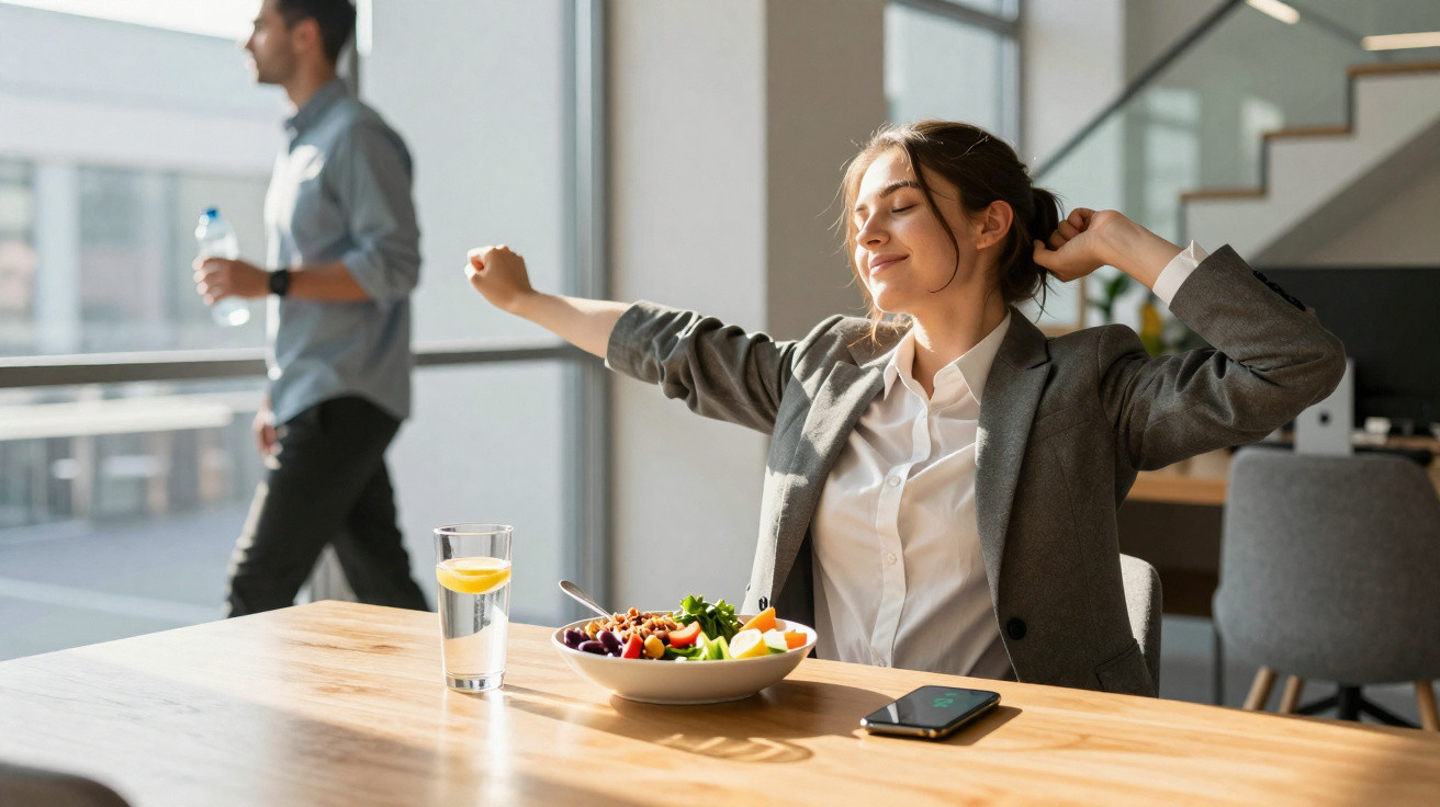 Mulher numa mesa de escritório a espreguiçar-se antes de comer uma salada, com um copo de água e um telemóvel à frente.
