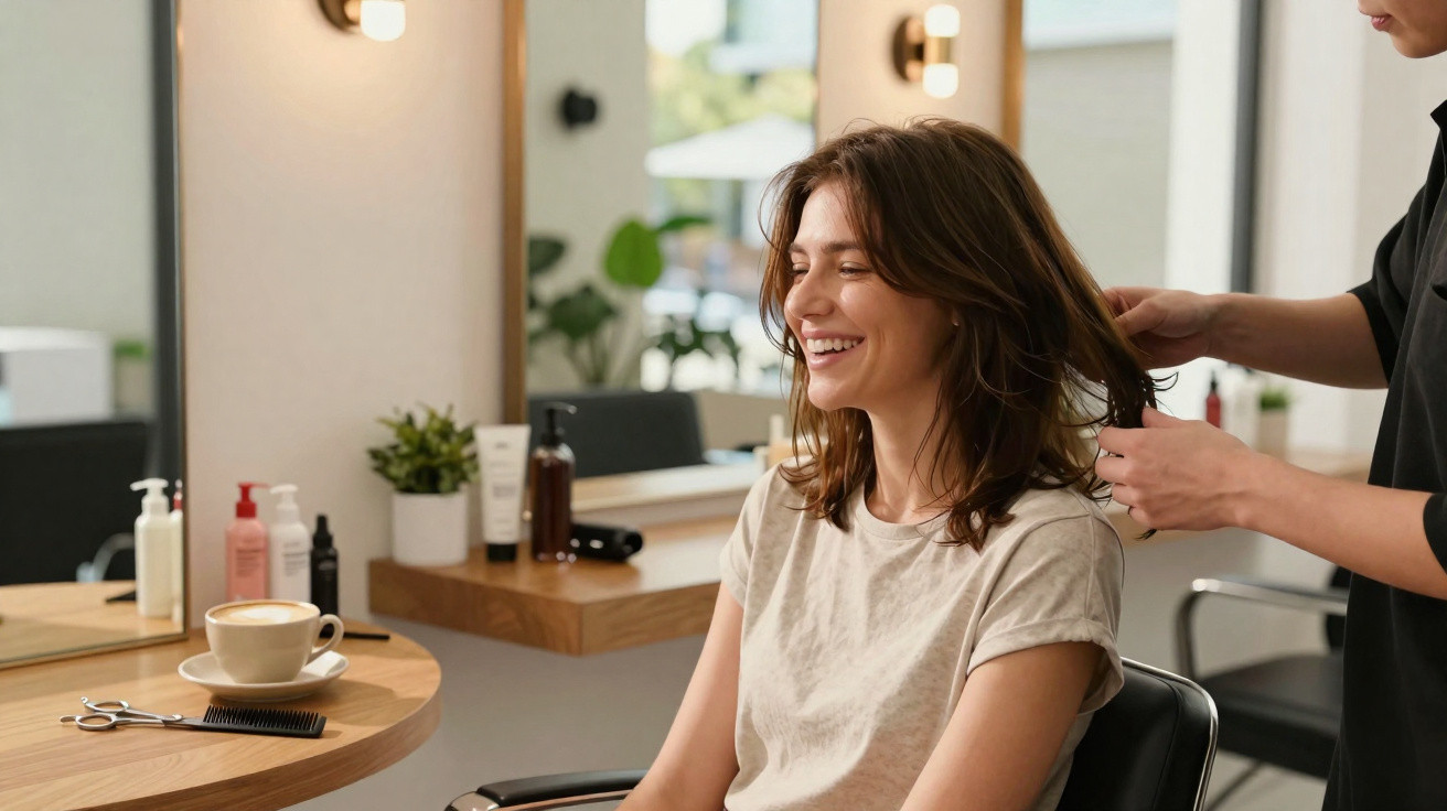 Mulher sorridente sentada em cadeira de cabeleireiro a ter o cabelo tratado por profissional.